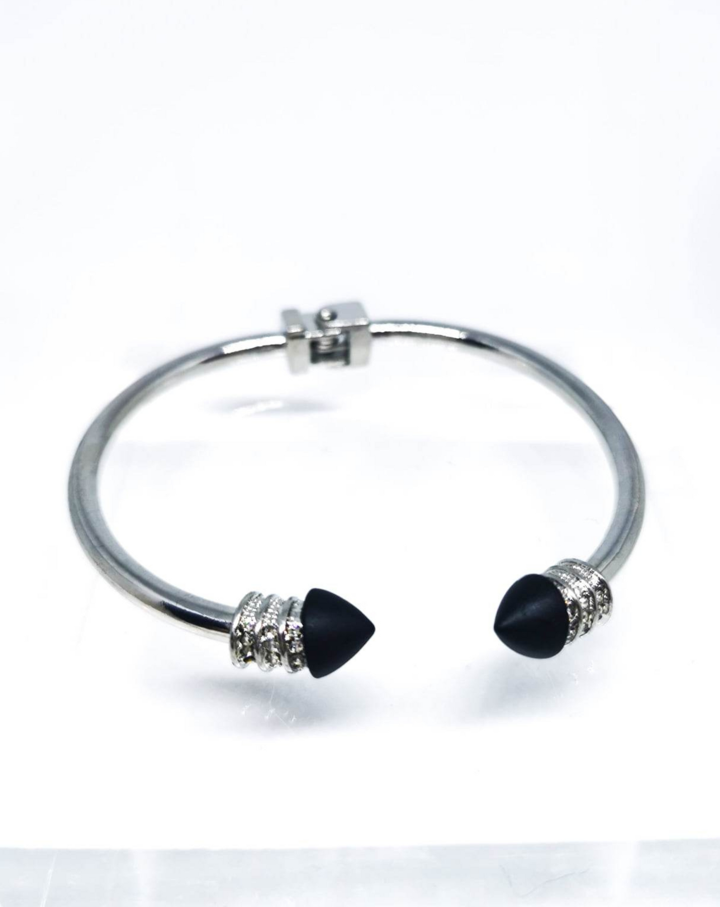 Silver tone crystal hinged cuff