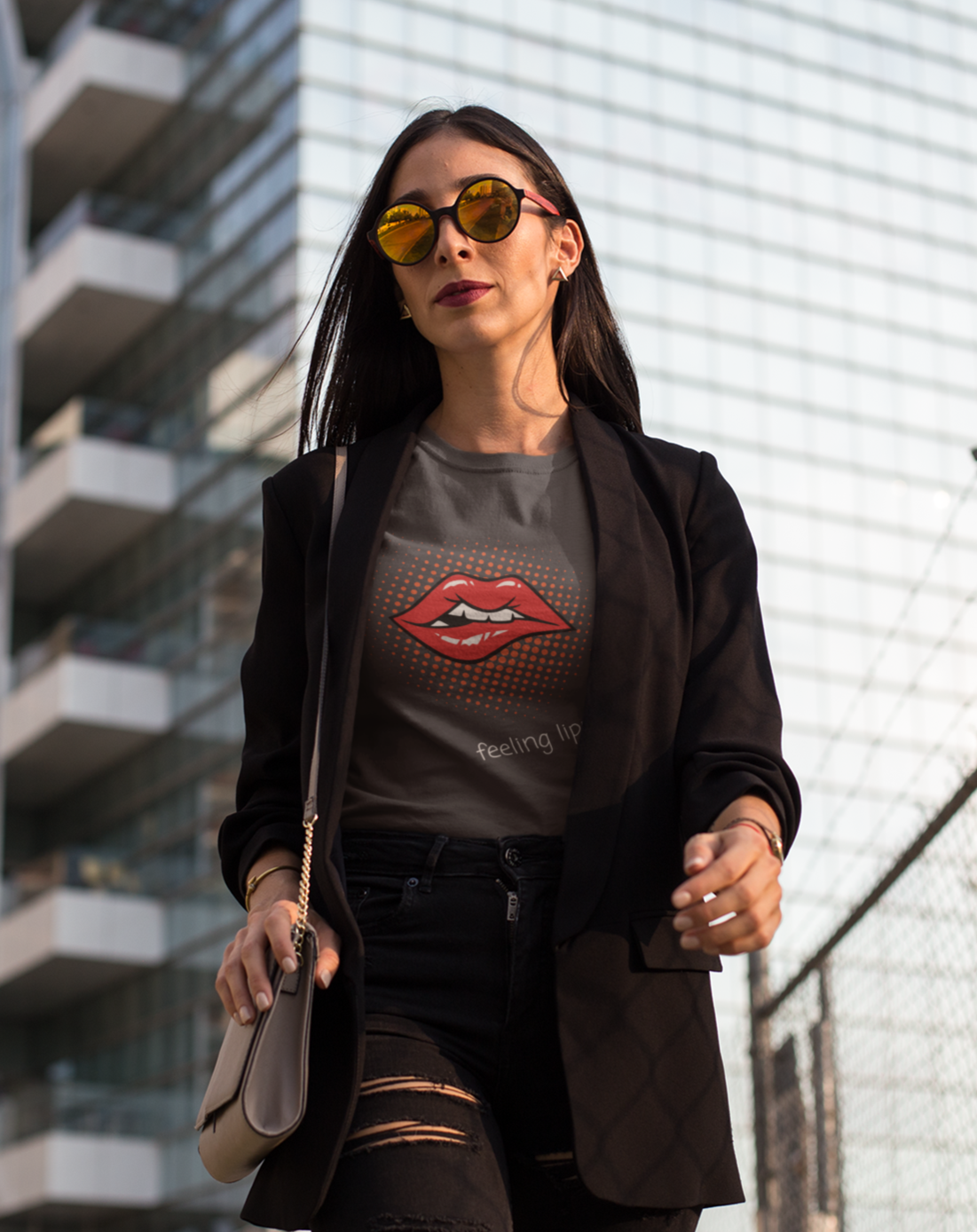 70s inspired lips long sleeved t-shirt with "feeling lippy" slogan. Small through to 2XL