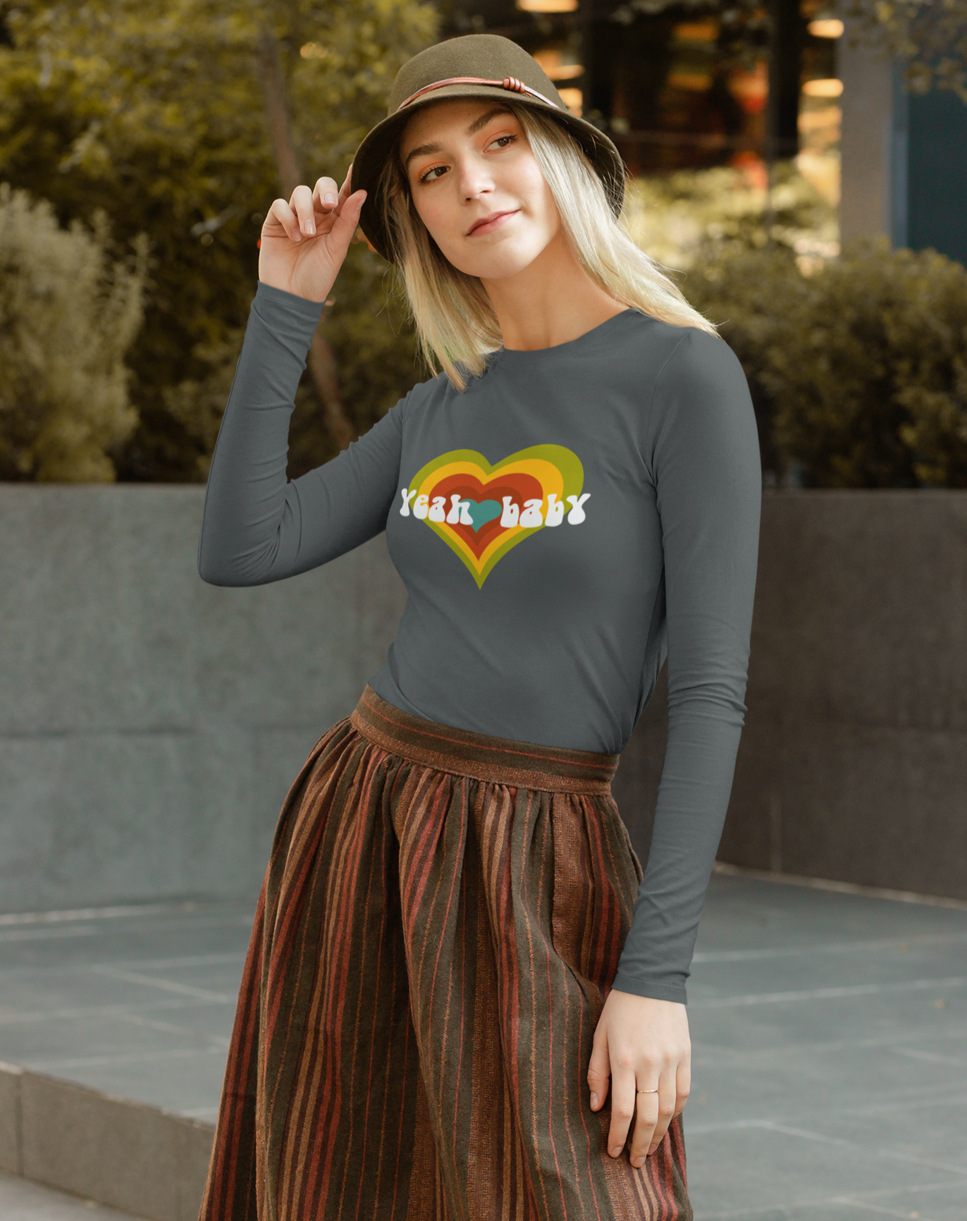 Yeah Baby women's cotton vintage-inspired long sleeved t-shirt. Small through to 2XL