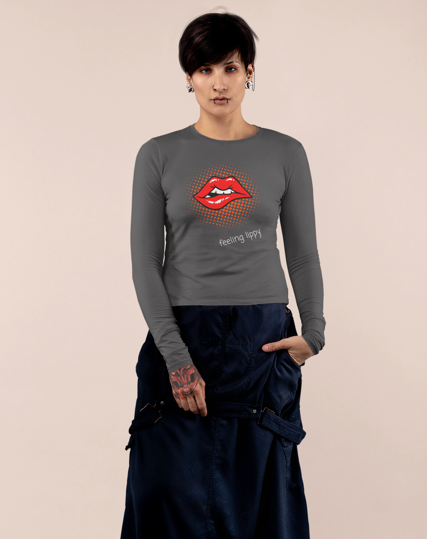 70s inspired lips long sleeved t-shirt with "feeling lippy" slogan. Small through to 2XL