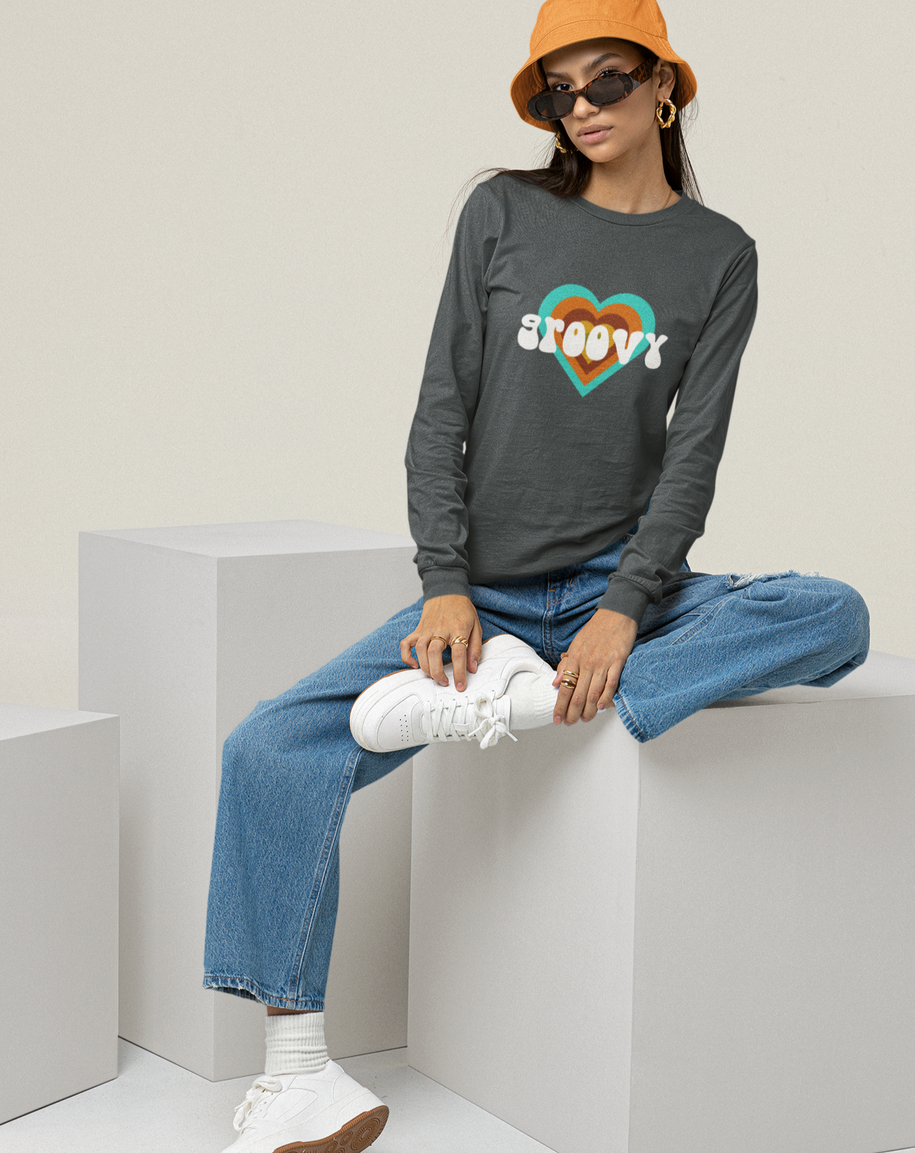 'Groovy' women's vintage-inspired, cotton long sleeved t-shirt. Small through to 2XL