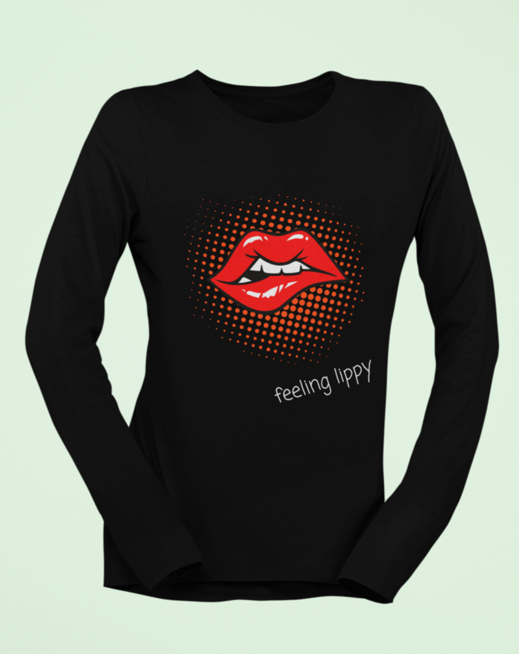 70s inspired lips long sleeved t-shirt with "feeling lippy" slogan. Small through to 2XL