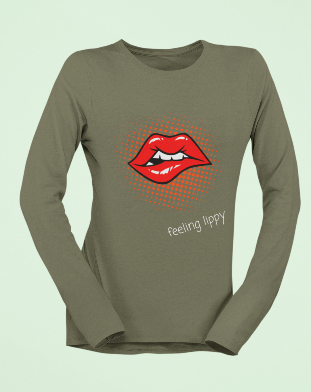 70s inspired lips long sleeved t-shirt with "feeling lippy" slogan. Small through to 2XL