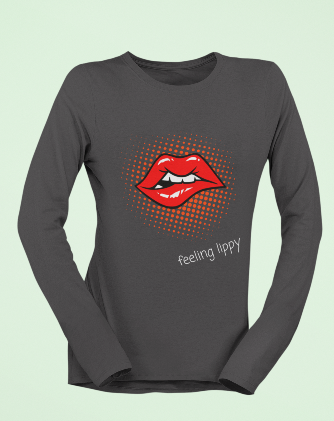 70s inspired lips long sleeved t-shirt with "feeling lippy" slogan. Small through to 2XL
