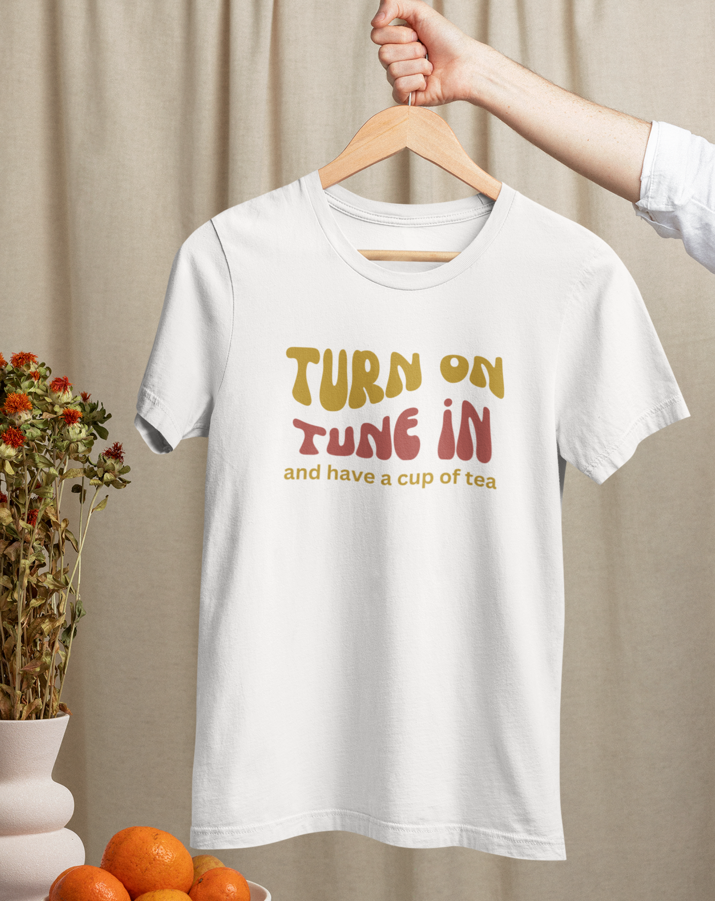 70s inspired Turn On, Tune In and have a cup of tea t-shirt. Great gift for tea lover. Small through to 3XL.