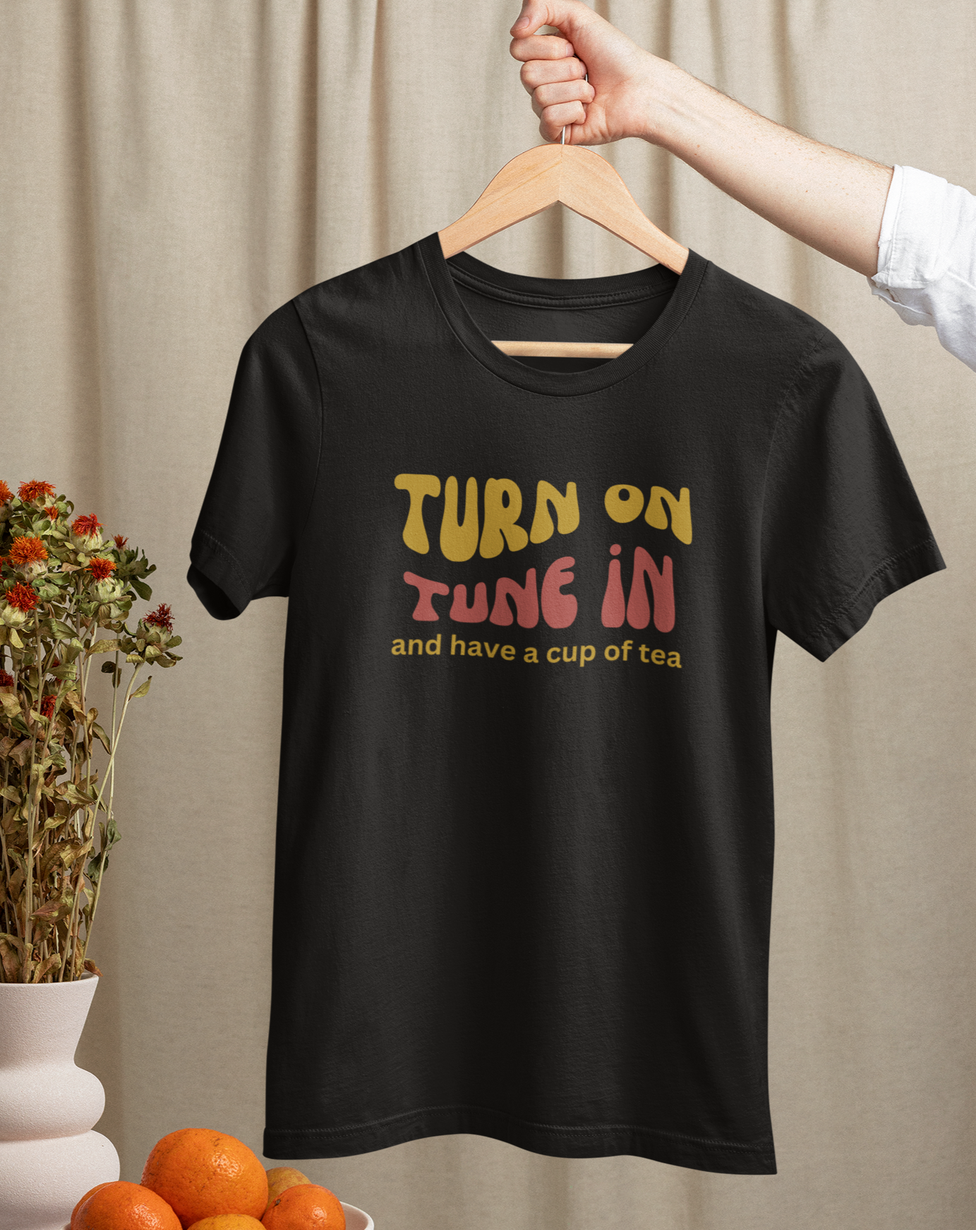 70s inspired Turn On, Tune In and have a cup of tea t-shirt. Great gift for tea lover. Small through to 3XL.