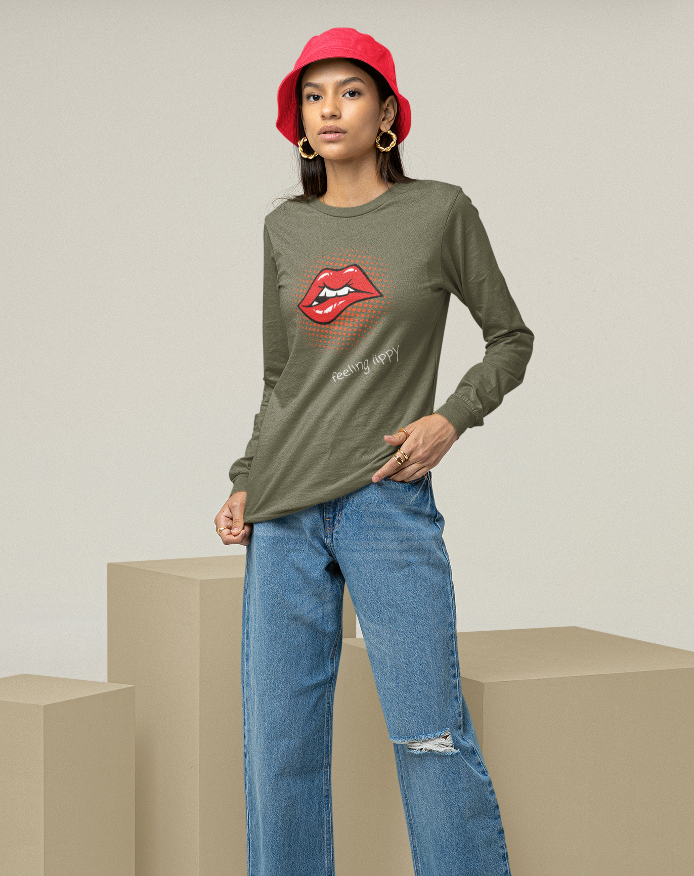 70s inspired lips long sleeved t-shirt with "feeling lippy" slogan. Small through to 2XL