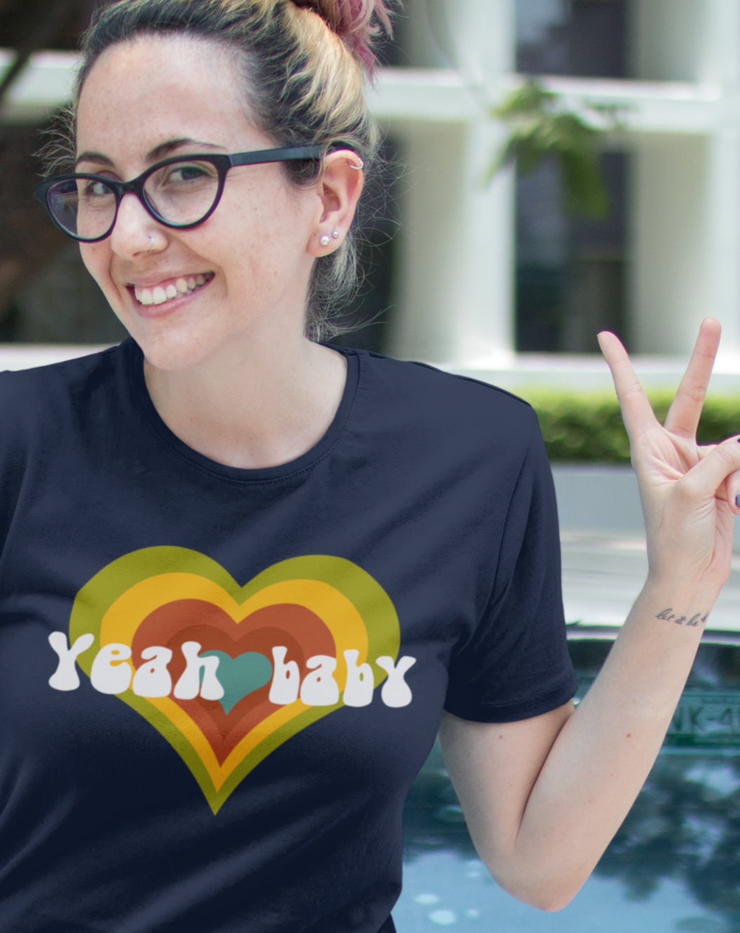 Yeah Baby cotton vintage-inspired t-shirt. Small through to 3XL
