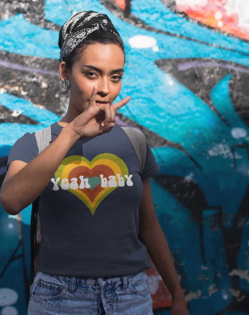 Yeah Baby cotton vintage-inspired t-shirt. Small through to 3XL