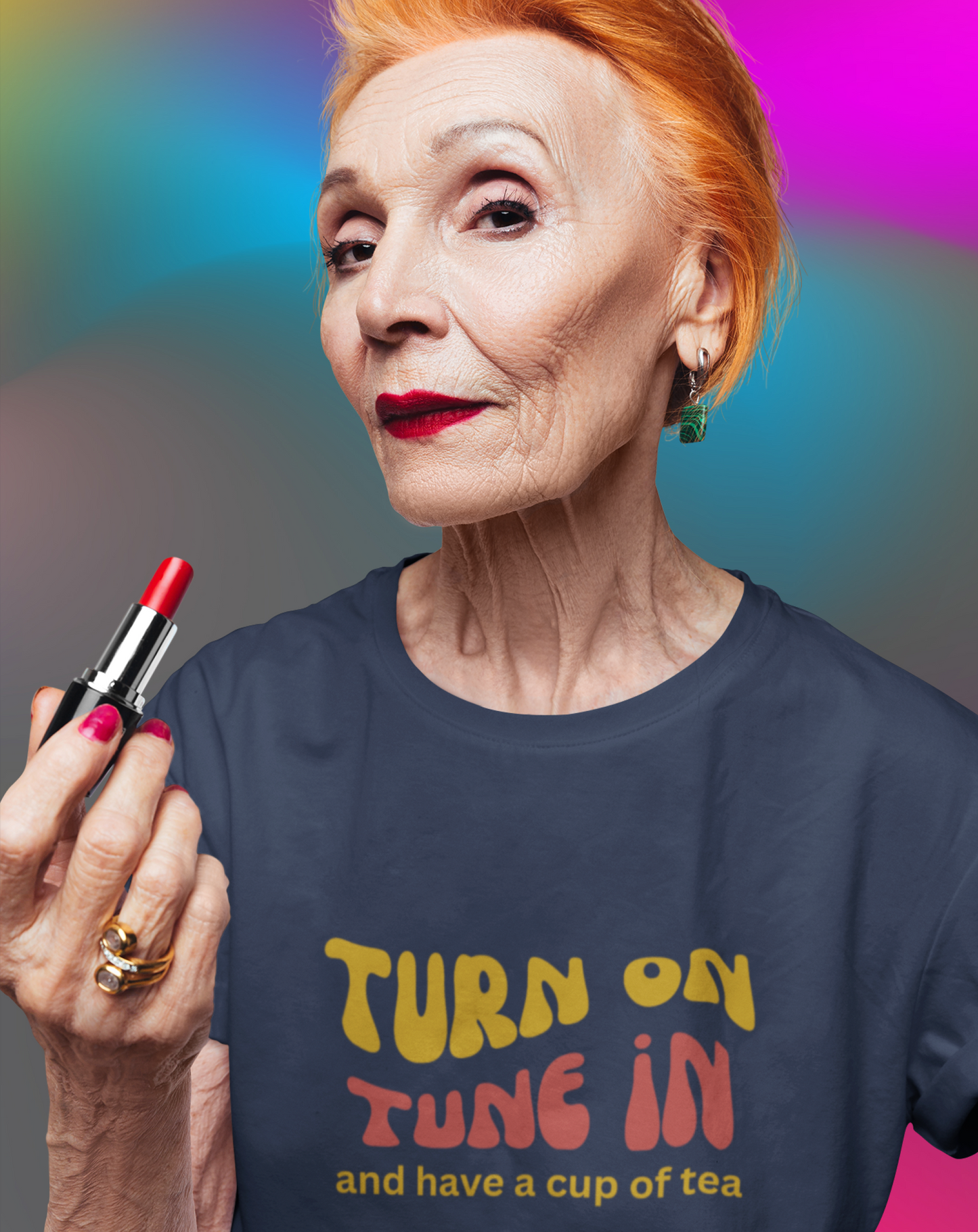 70s inspired Turn On, Tune In and have a cup of tea t-shirt. Great gift for tea lover. Small through to 3XL.