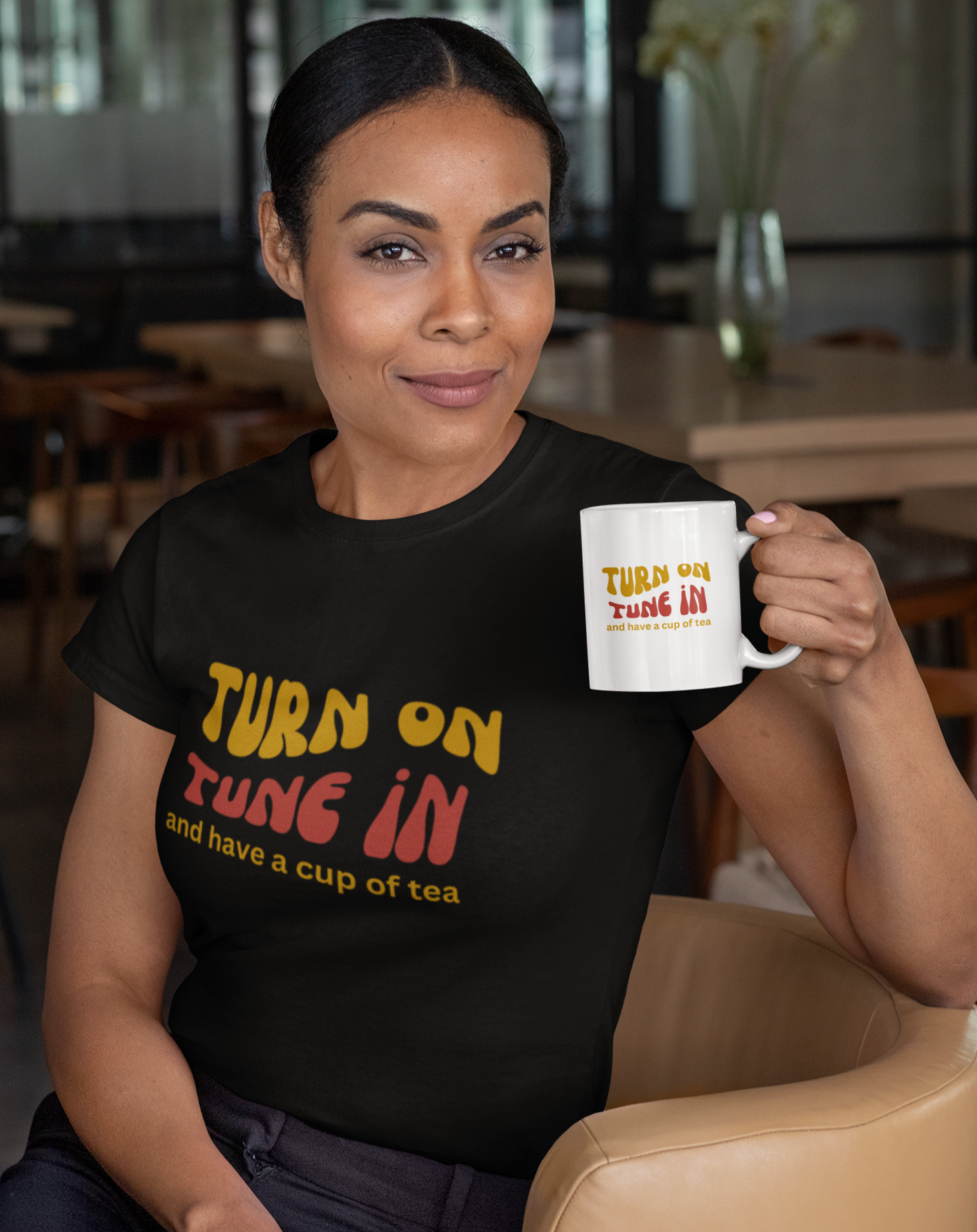 70s inspired Turn On, Tune In and have a cup of tea t-shirt. Great gift for tea lover. Small through to 3XL.