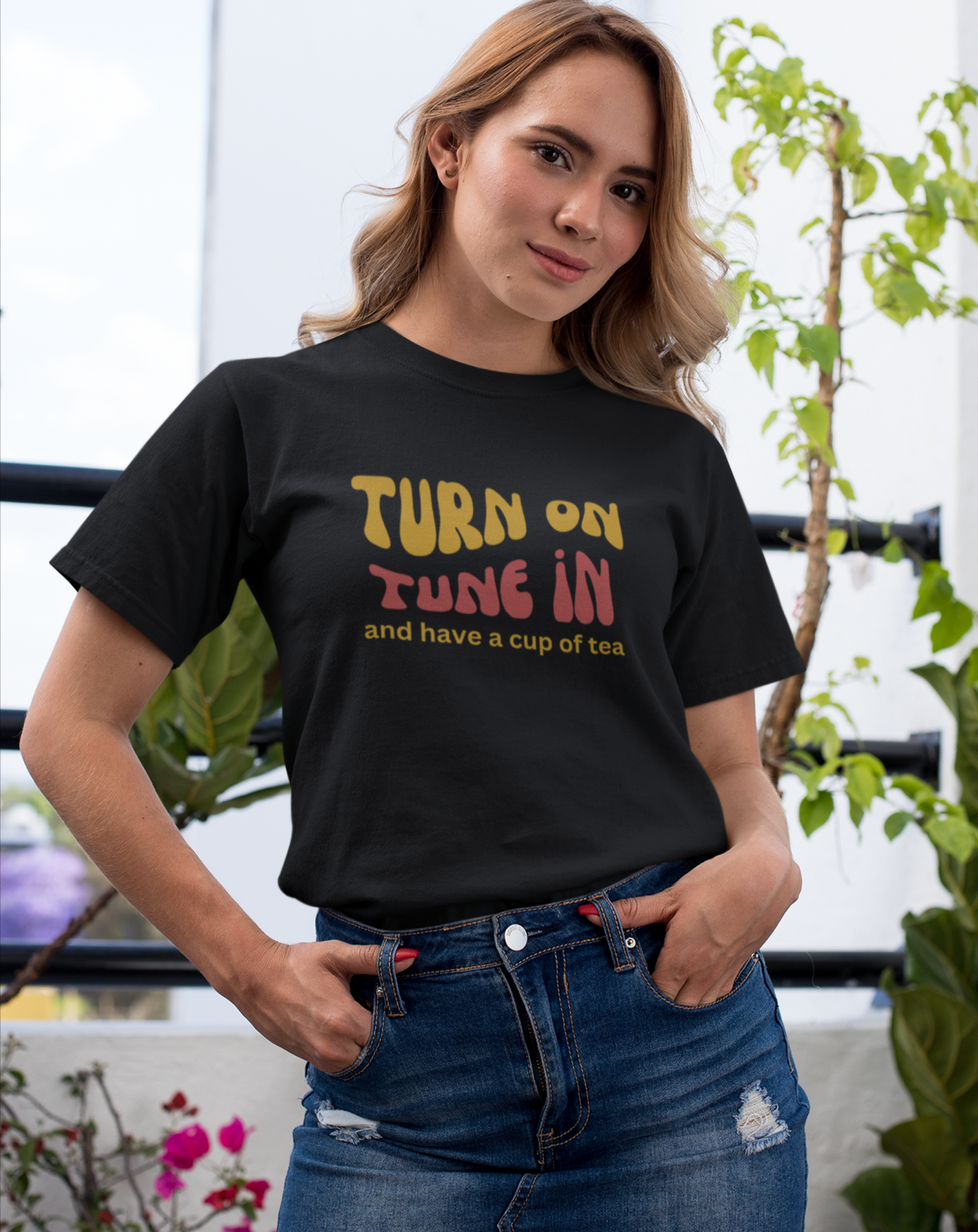 70s inspired Turn On, Tune In and have a cup of tea t-shirt. Great gift for tea lover. Small through to 3XL.