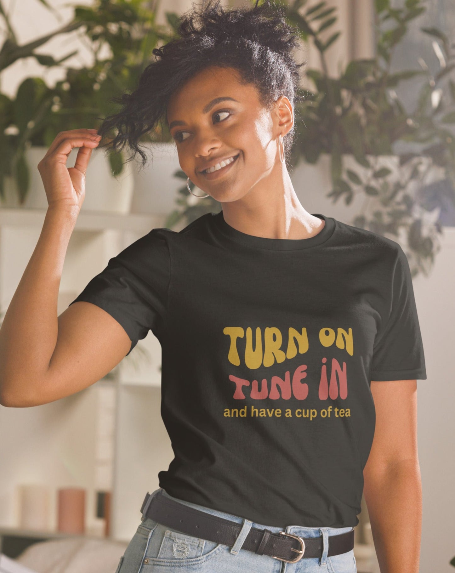 70s inspired Turn On, Tune In and have a cup of tea t-shirt. Great gift for tea lover. Small through to 3XL.