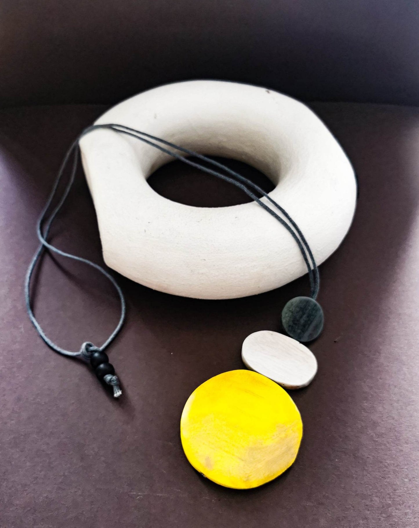 Wooden disc mustard and grey adjustable necklace