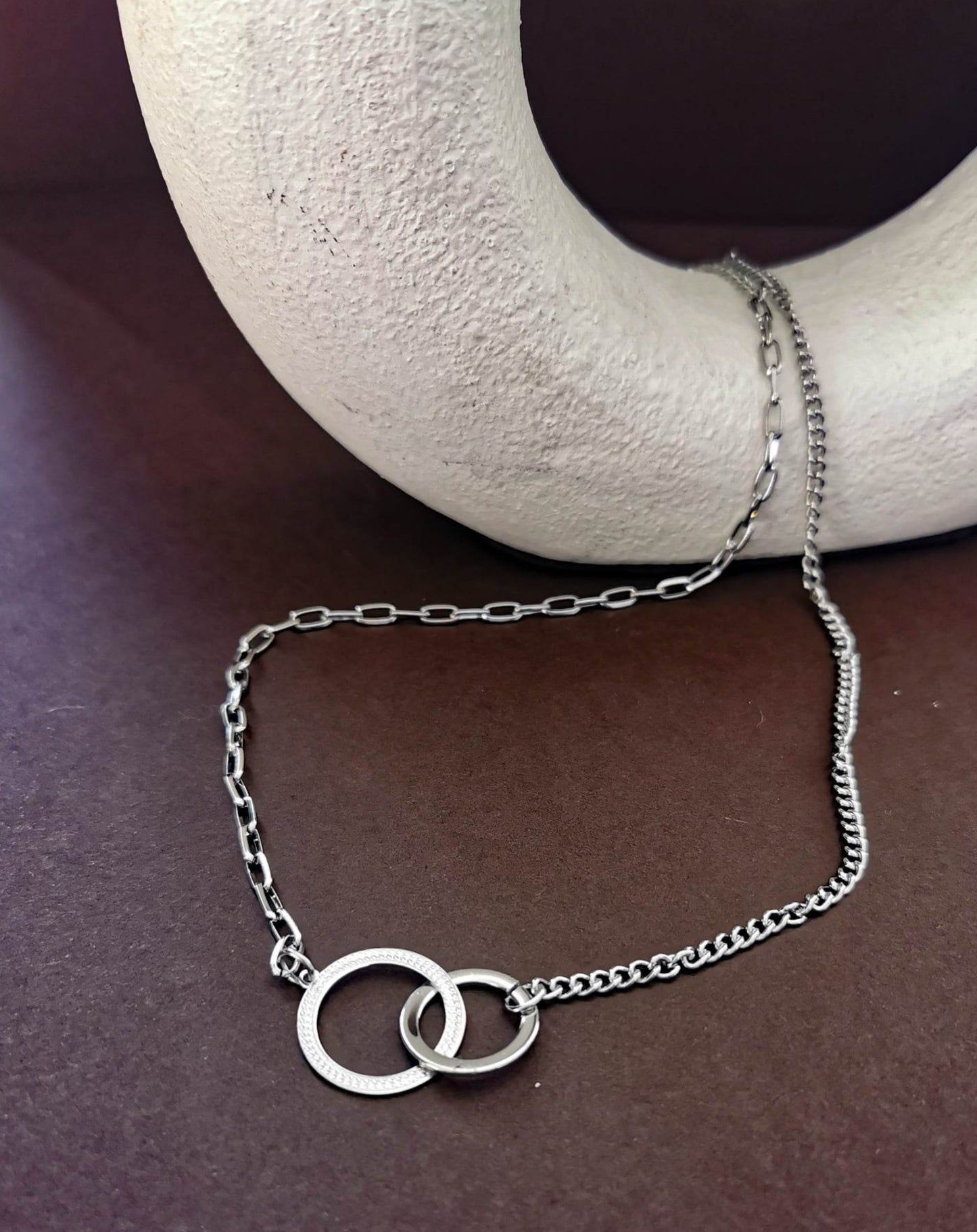 Gold or silver Interlocking ring necklace - silver or gold plating on stainless steel