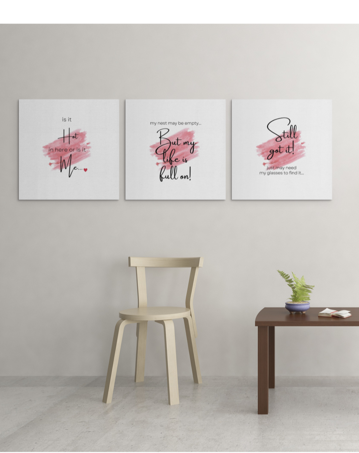 Set of three humorous digital wall art prints for midlife women