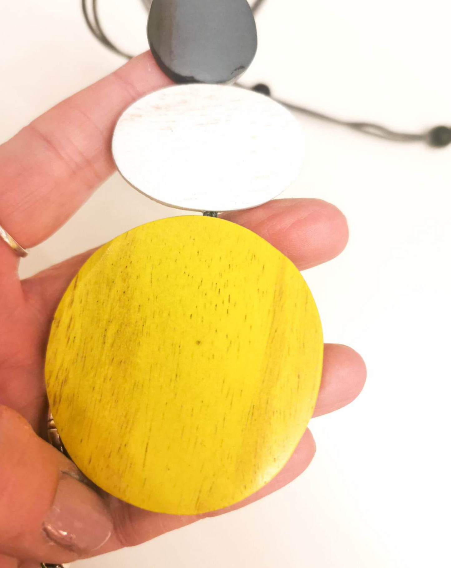 Wooden disc mustard and grey adjustable necklace