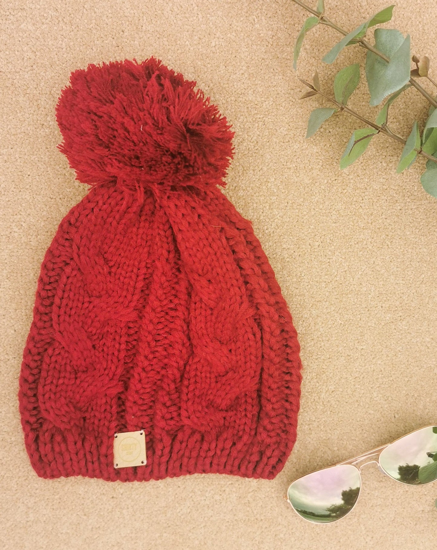 Red chunky knit bobble hat