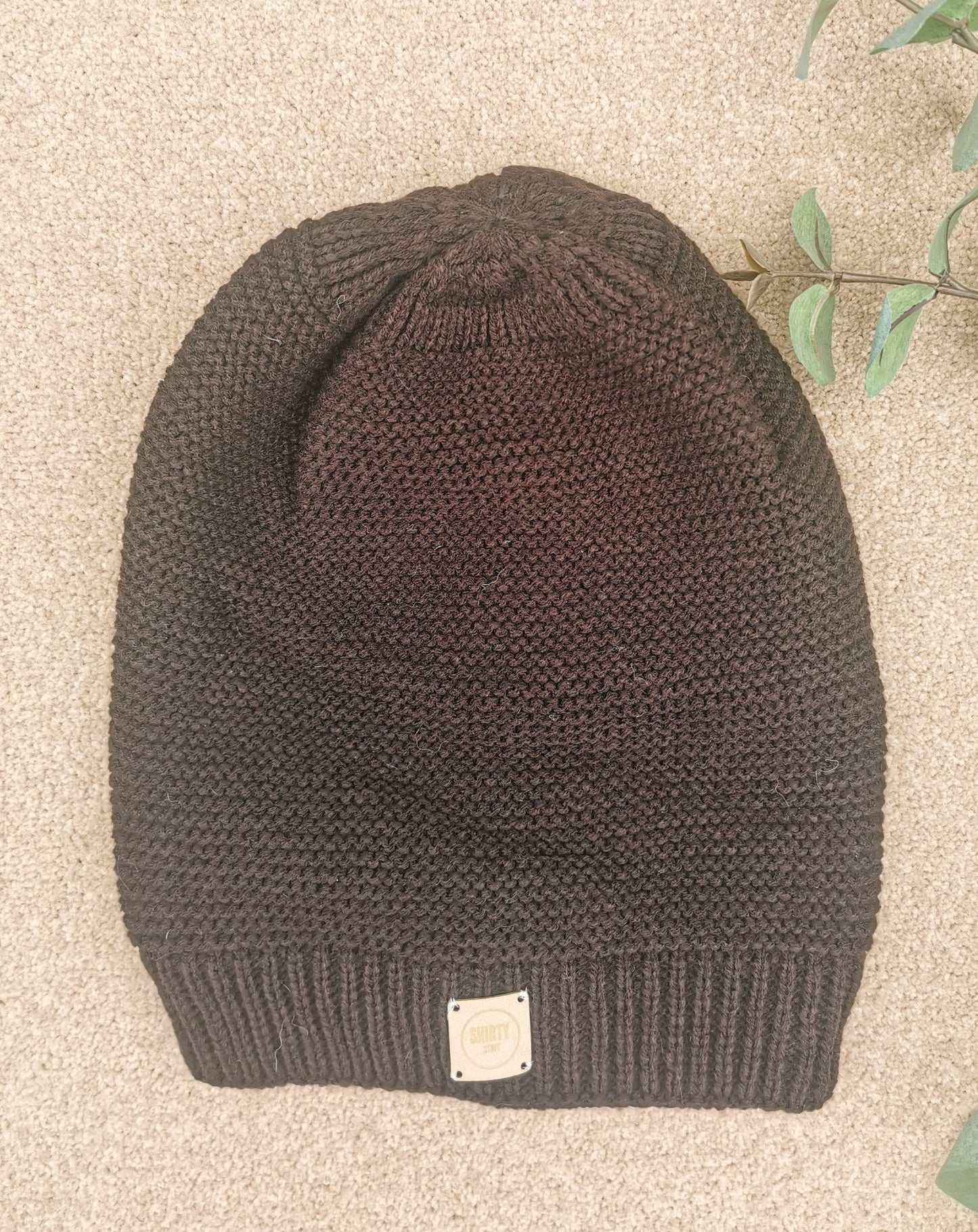 Slouchy oversized brown lined woollen beanie hat