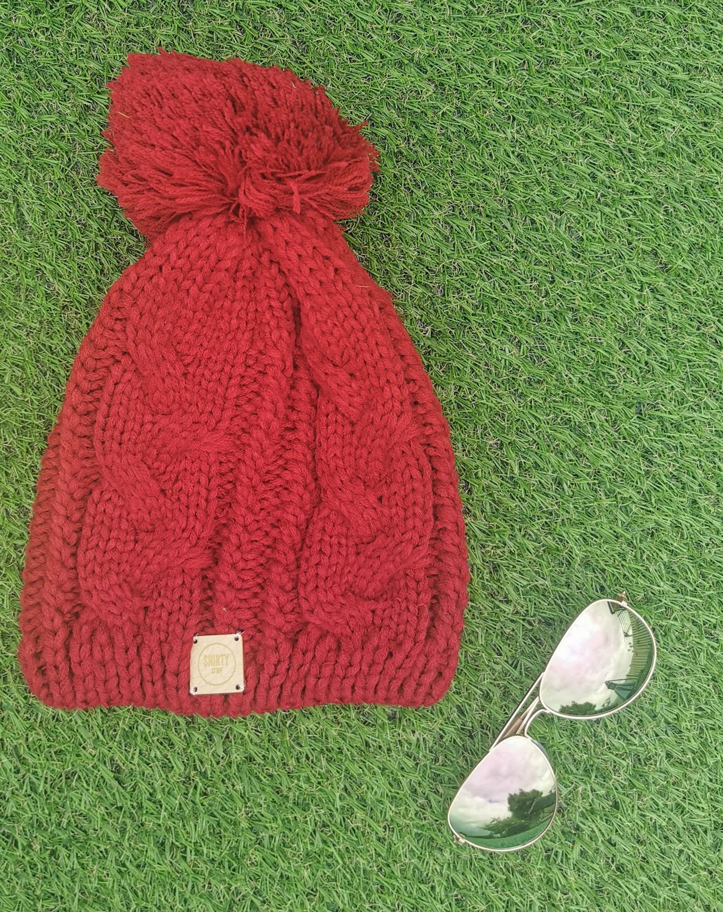 Red chunky knit bobble hat