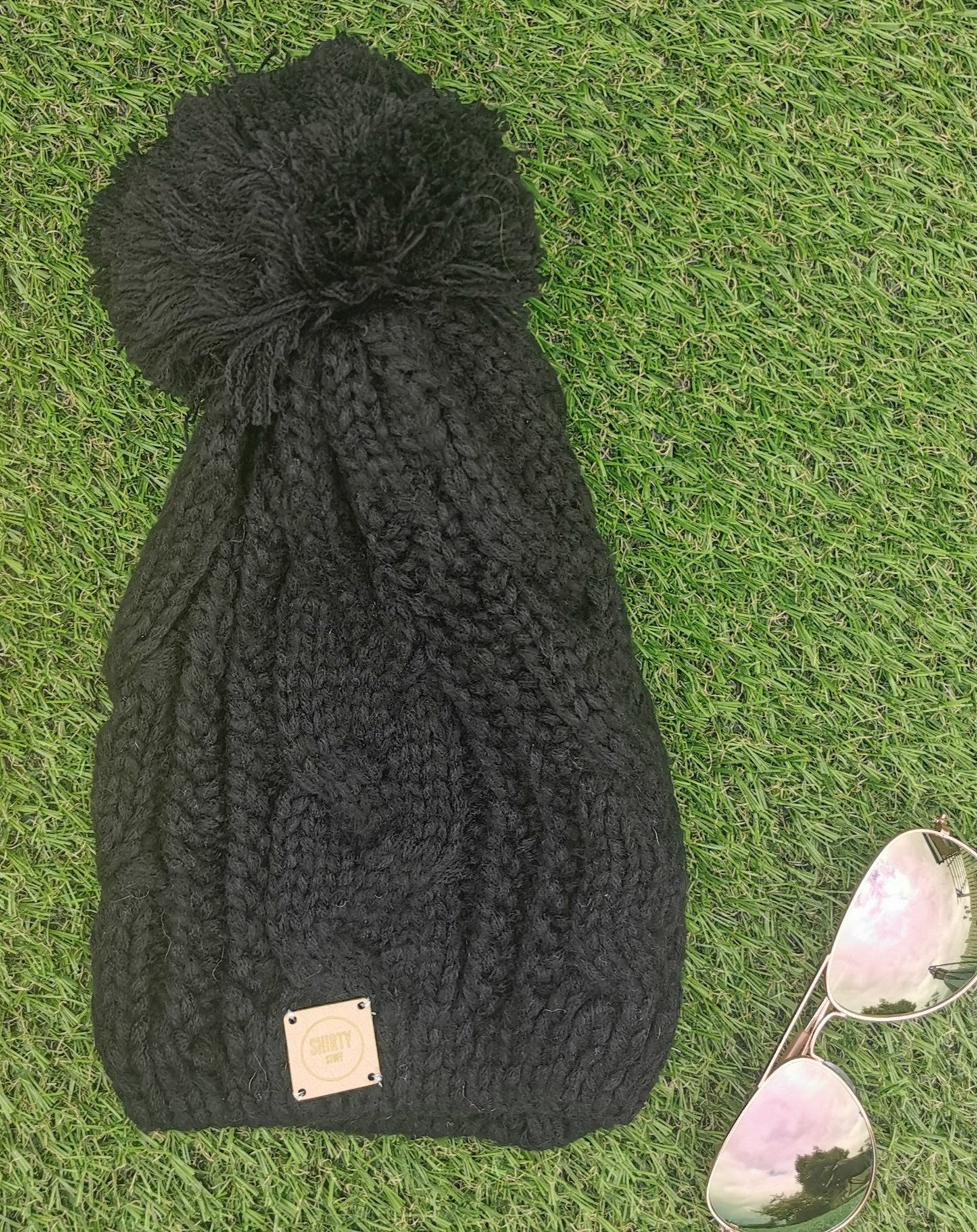 Black chunky knit bobble hat