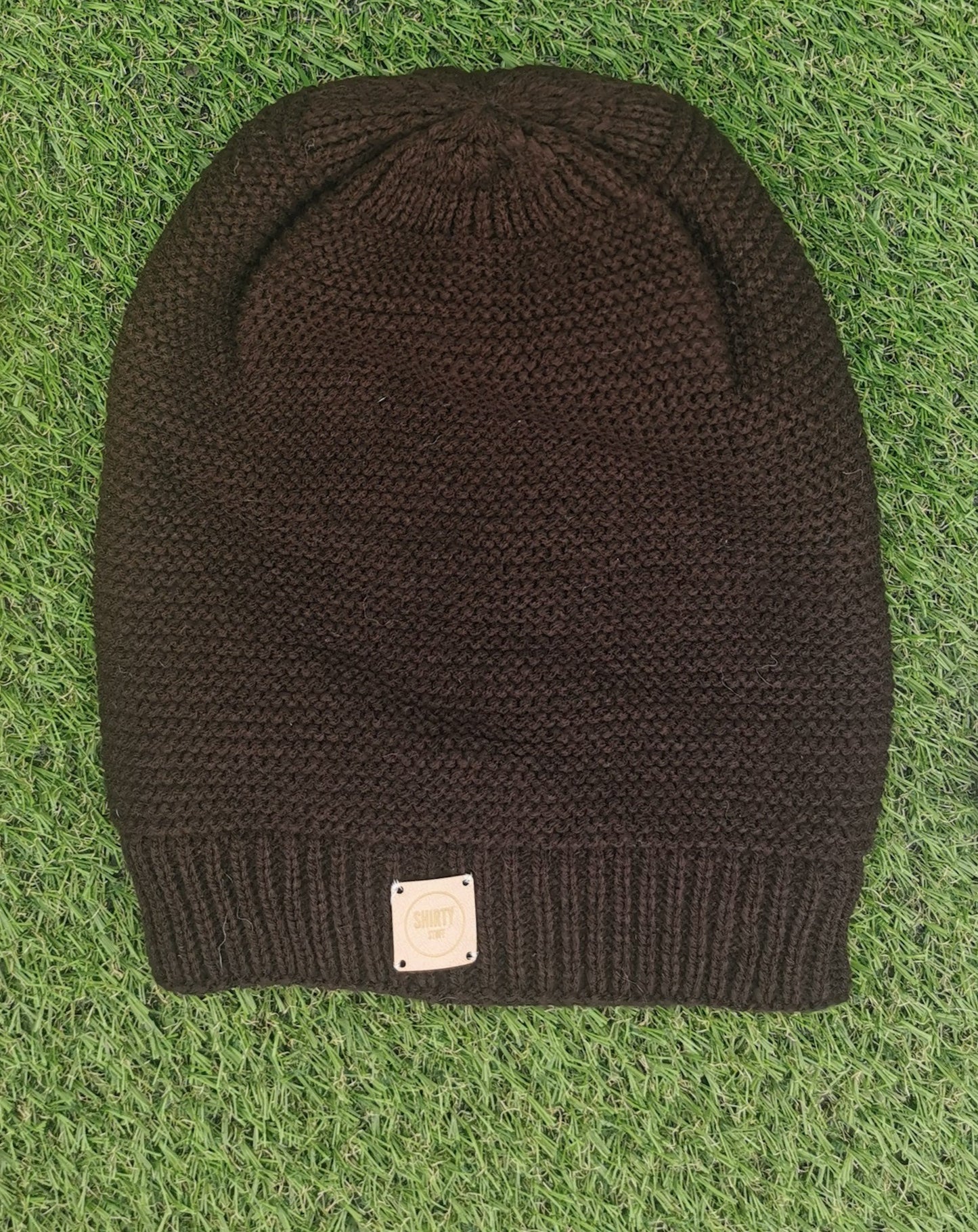 Slouchy oversized brown lined woollen beanie hat