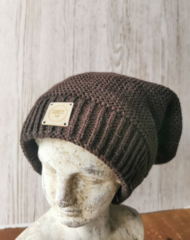 Slouchy oversized brown lined woollen beanie hat