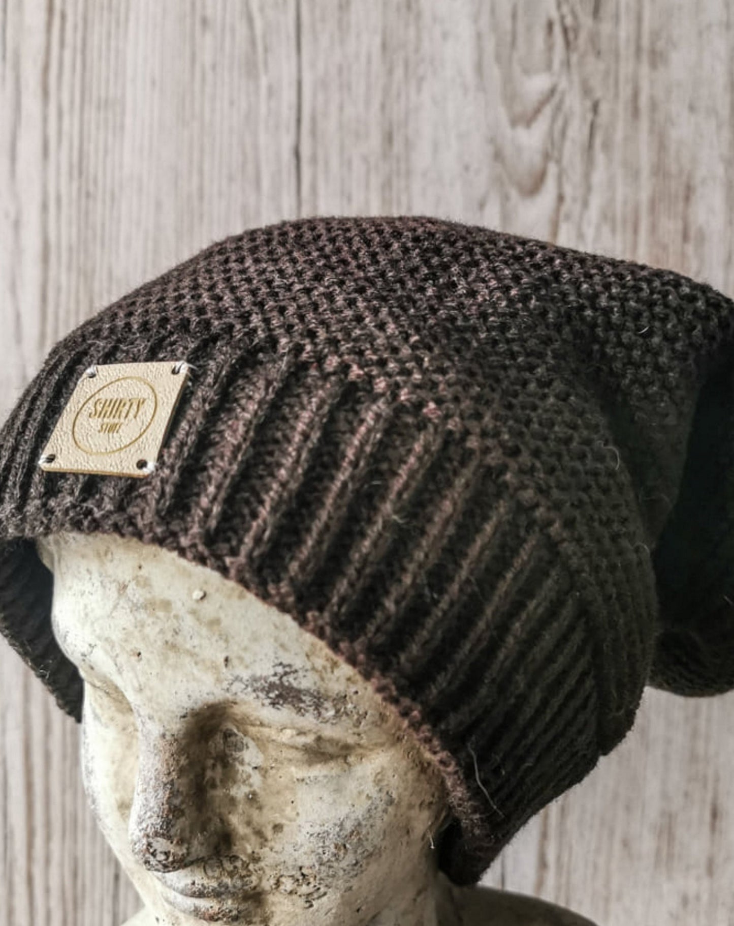 Slouchy oversized brown lined woollen beanie hat