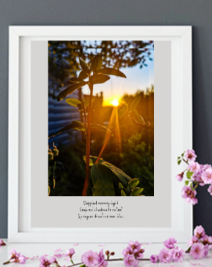 Sunrise and flowers with poem, mounted print