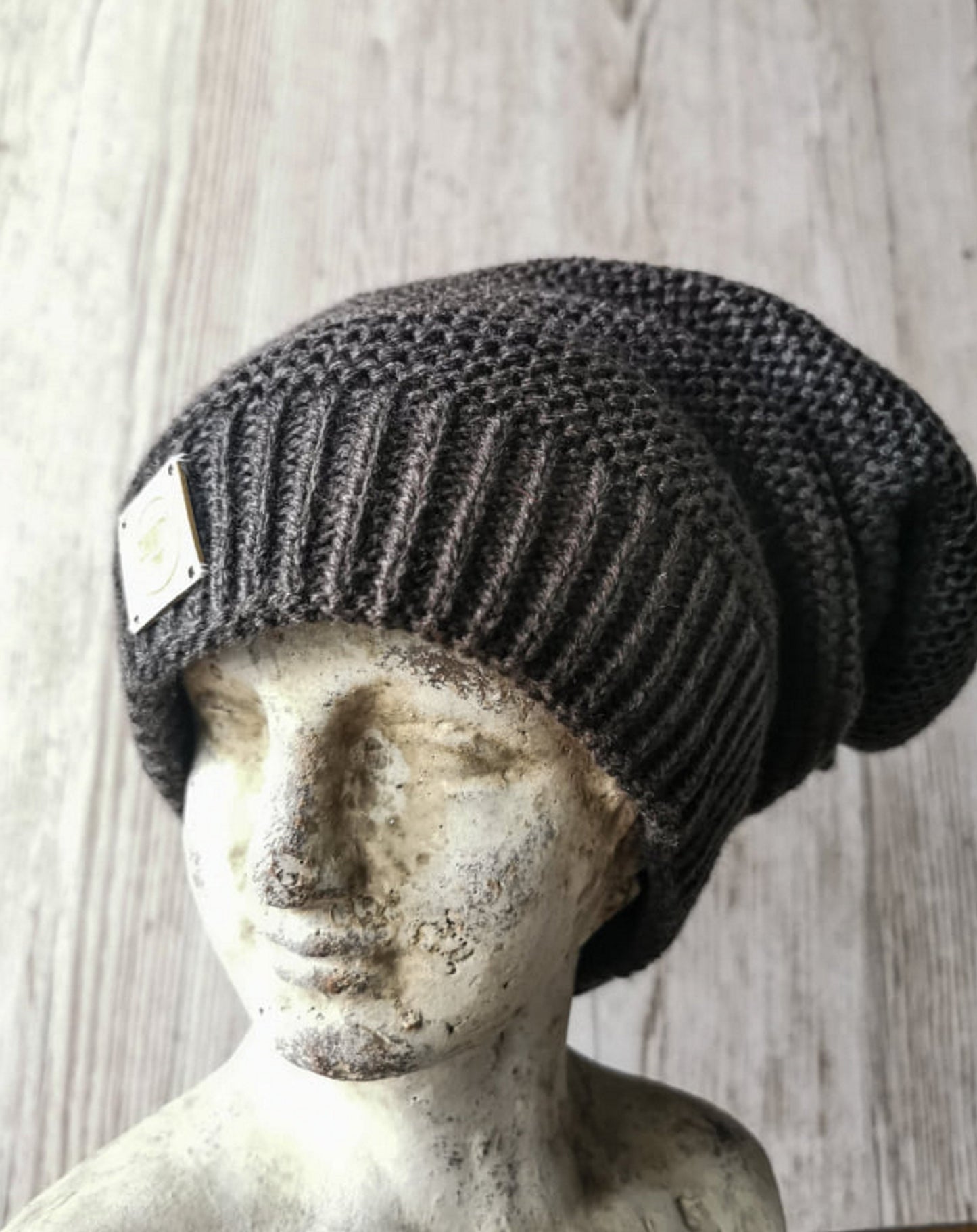 Slouchy oversized grey lined  beanie hat