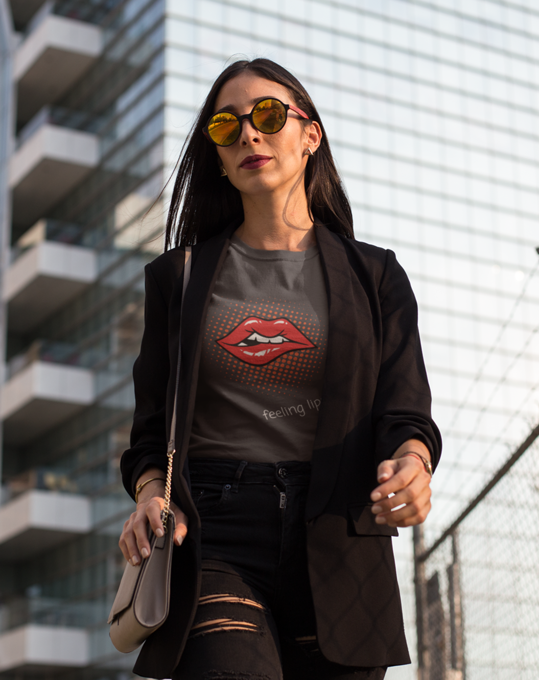 70s inspired lips long sleeved t-shirt with "feeling lippy" slogan.  Small through to 2XL