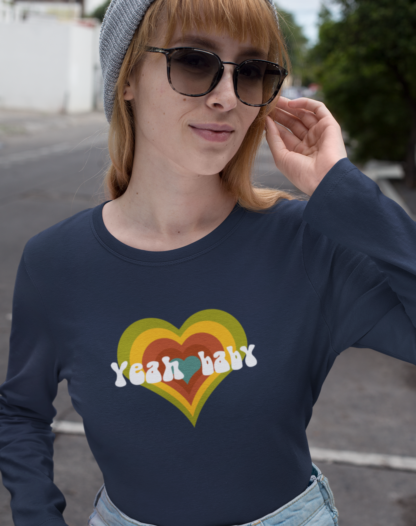 Yeah Baby women's cotton vintage-inspired long sleeved t-shirt. Small through to 2XL