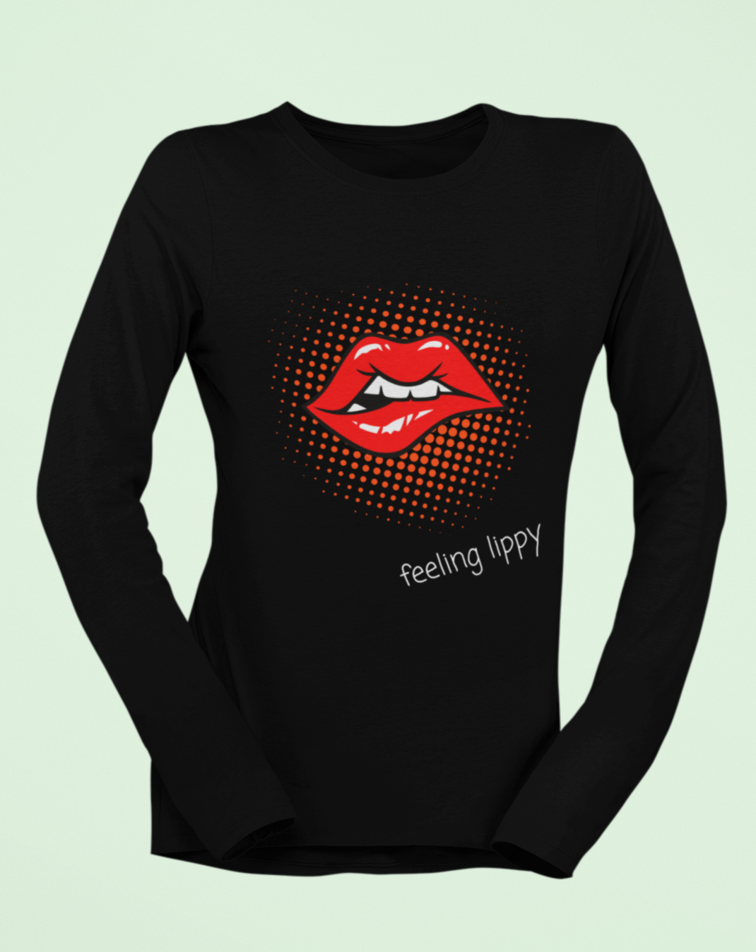 70s inspired lips long sleeved t-shirt with "feeling lippy" slogan.  Small through to 2XL