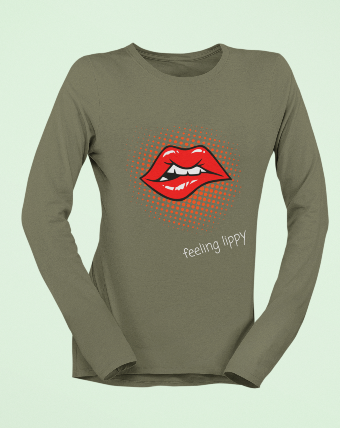 70s inspired lips long sleeved t-shirt with "feeling lippy" slogan.  Small through to 2XL