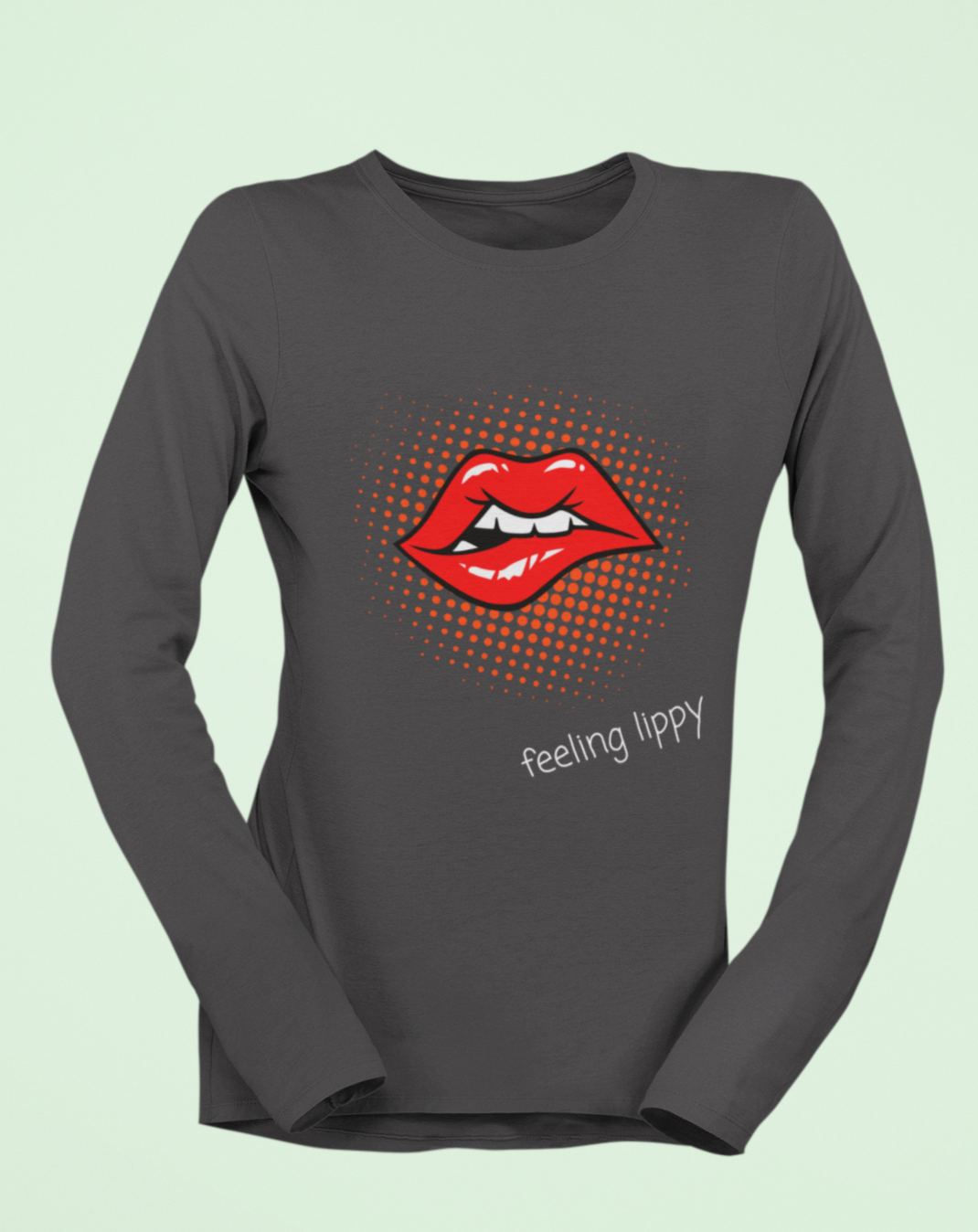 70s inspired lips long sleeved t-shirt with "feeling lippy" slogan.  Small through to 2XL