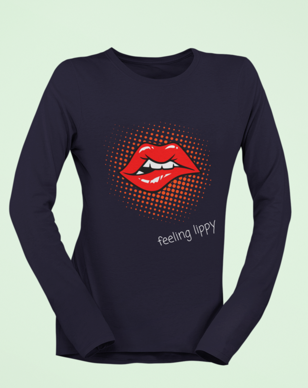 70s inspired lips long sleeved t-shirt with "feeling lippy" slogan.  Small through to 2XL