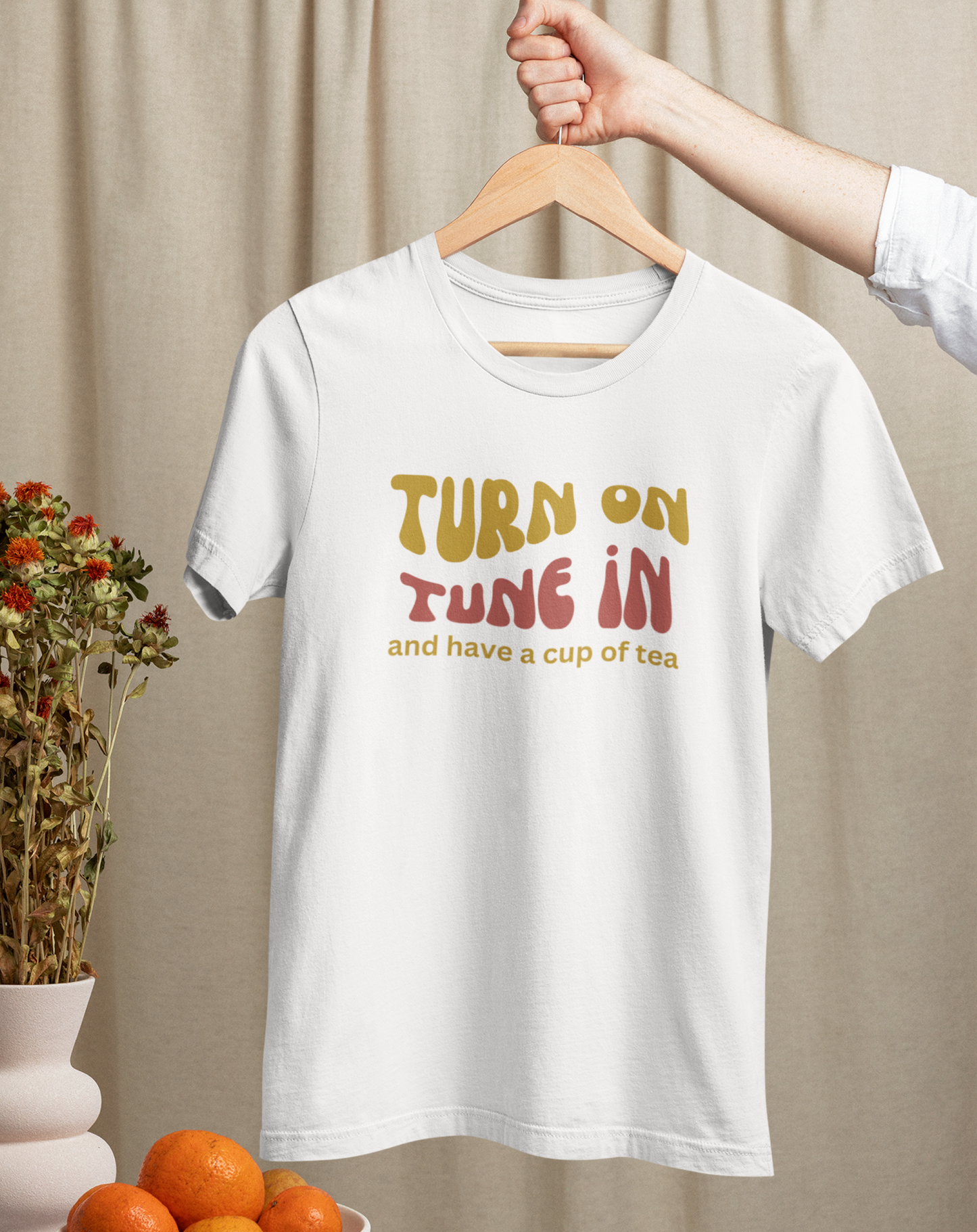 70s inspired Turn On, Tune In and have a cup of tea t-shirt.  Great gift for tea lover.  Small through to 3XL.