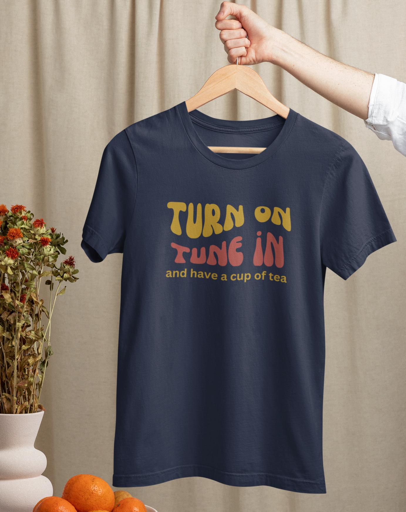 70s inspired Turn On, Tune In and have a cup of tea t-shirt.  Great gift for tea lover.  Small through to 3XL.