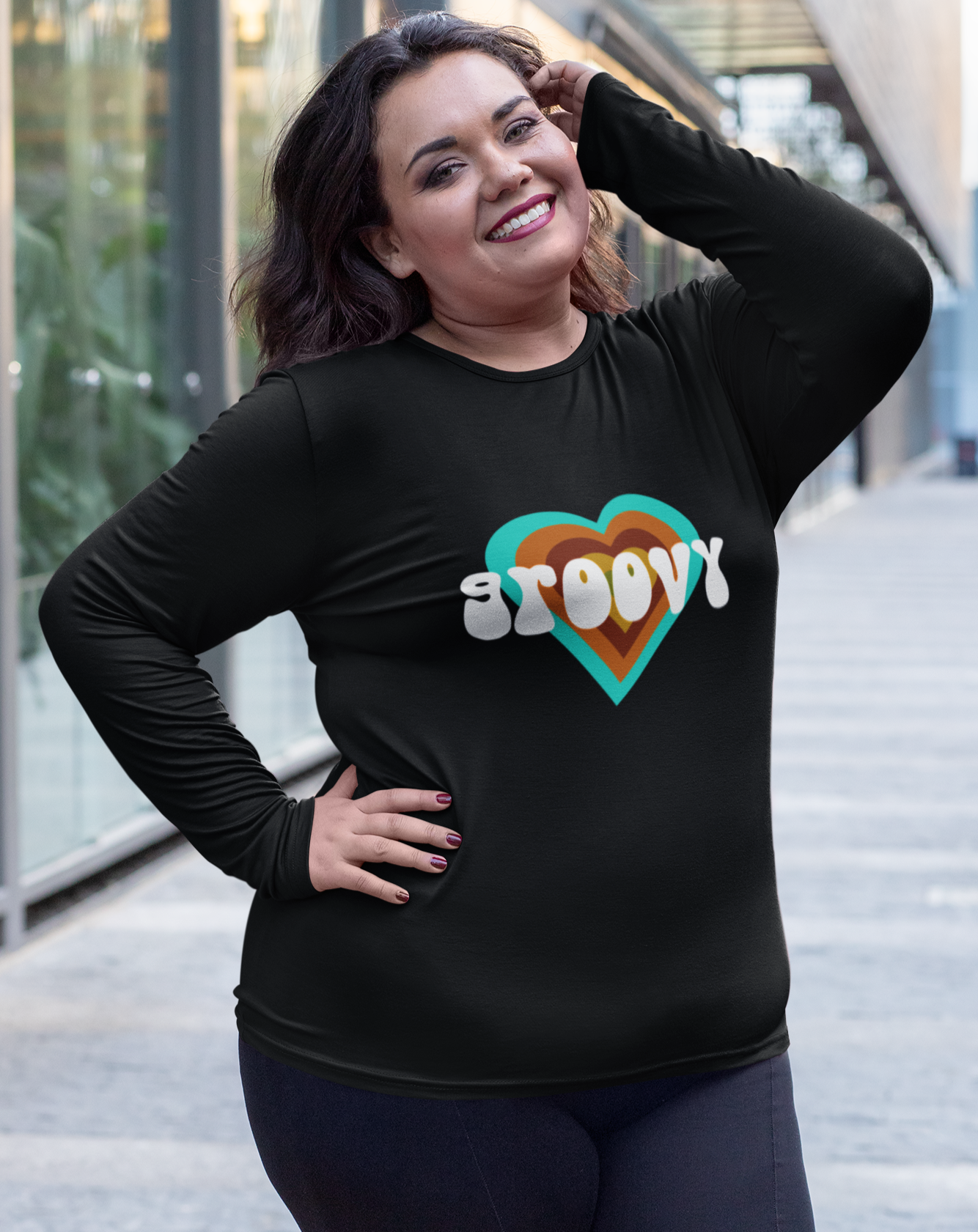 'Groovy' women's vintage-inspired, cotton long sleeved t-shirt. Small through to 2XL