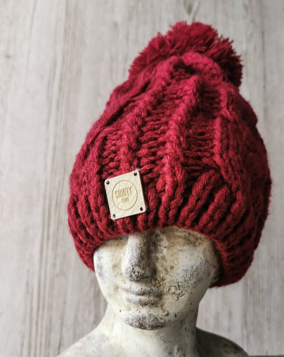 Red chunky knit bobble hat