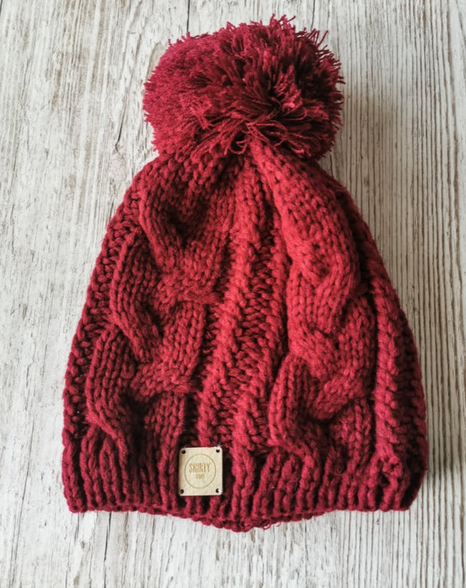 Red chunky knit bobble hat