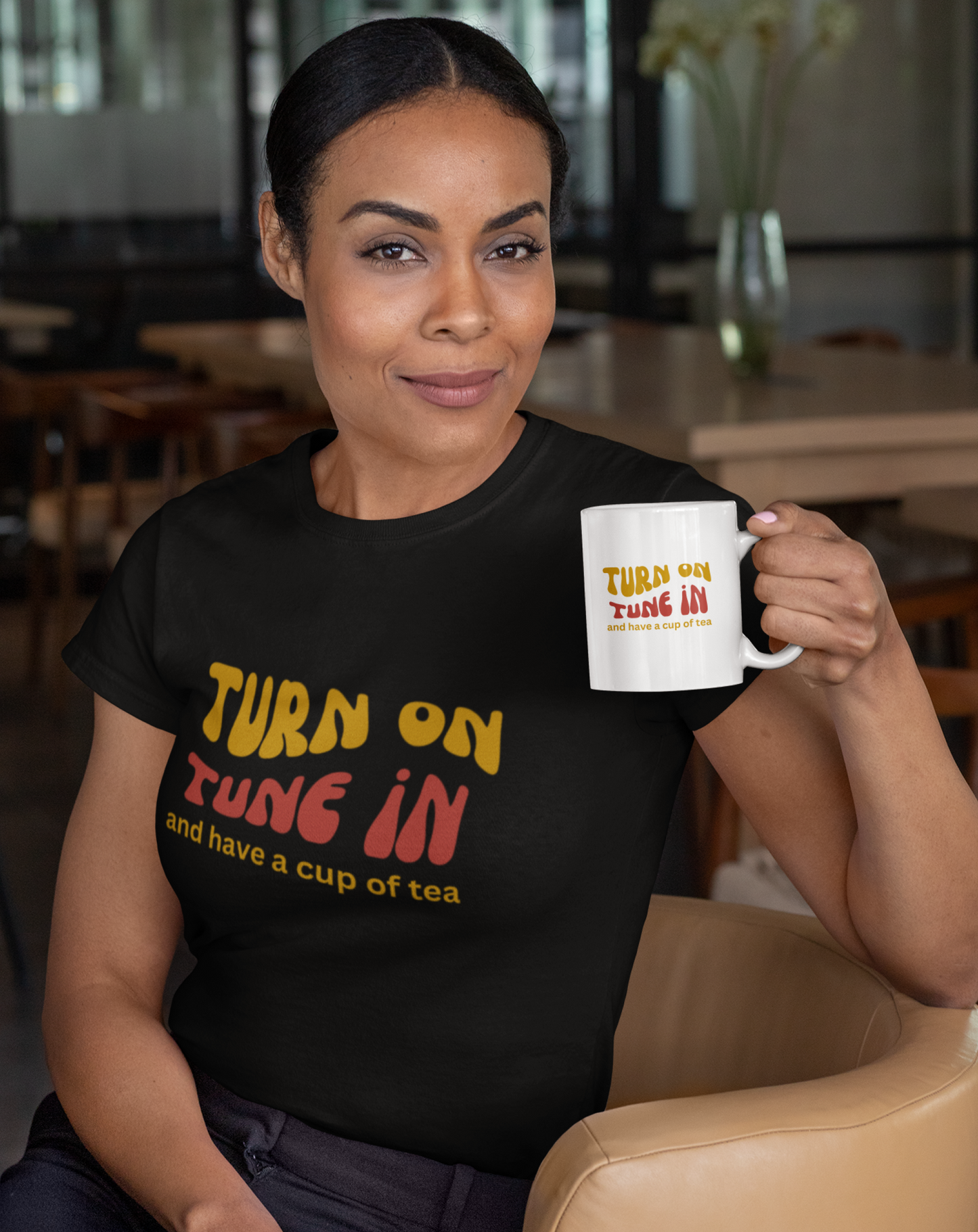 70s inspired Turn On, Tune In and have a cup of tea t-shirt.  Great gift for tea lover.  Small through to 3XL.