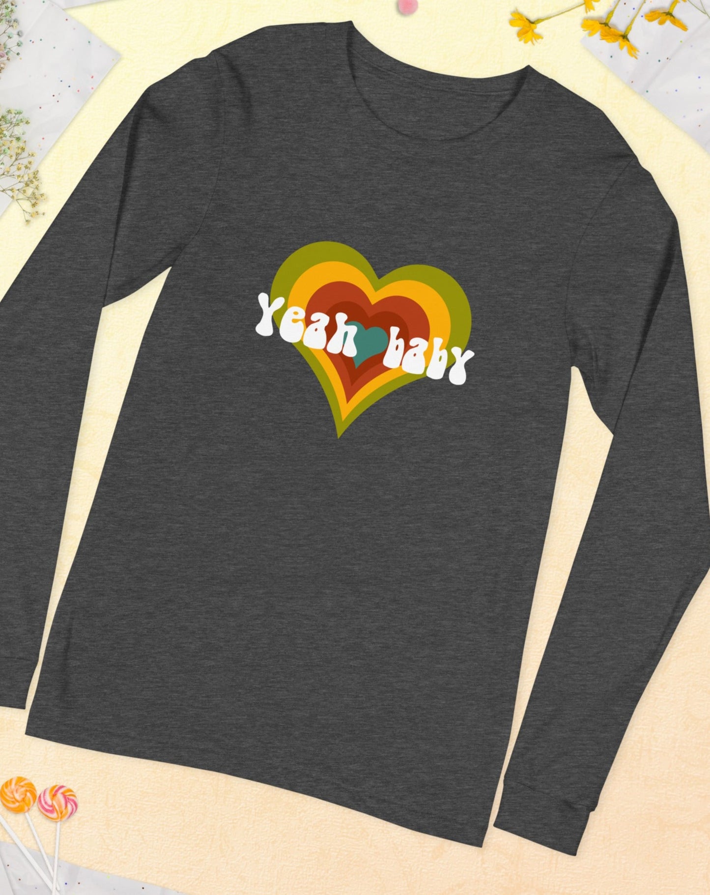 Yeah Baby women's cotton vintage-inspired long sleeved t-shirt. Small through to 2XL